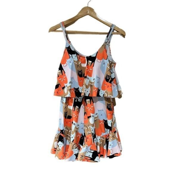 No Brand Pants - Cat Print Mod Romper Sleeveless Ruffle Padded Bra Pin Up Women’s Medium